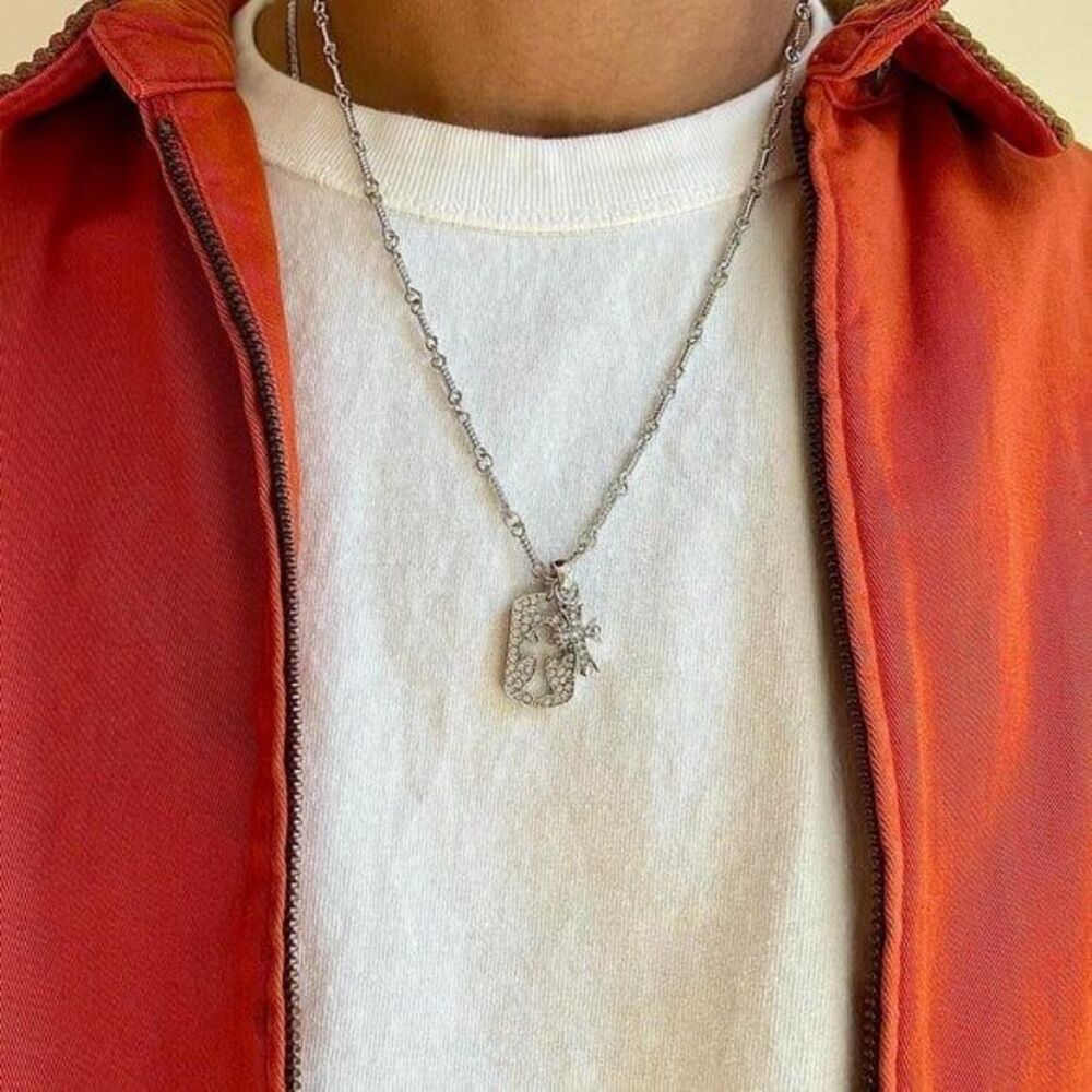 y2k grunge rhinestone silver cross dog tag style pendant necklace
